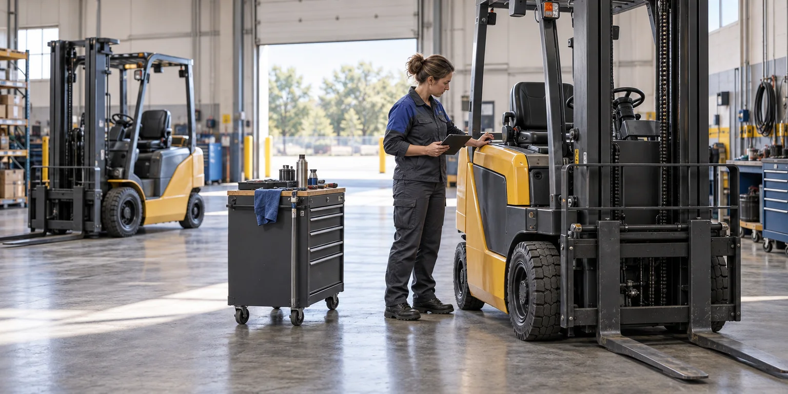 Illustration of a technician beside two parked forklifts and a tool cart in a warehouse service bay.