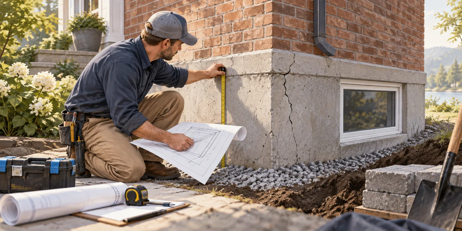Illustration of a foundation assessment with a basement wall, measuring equipment and repair-planning materials.