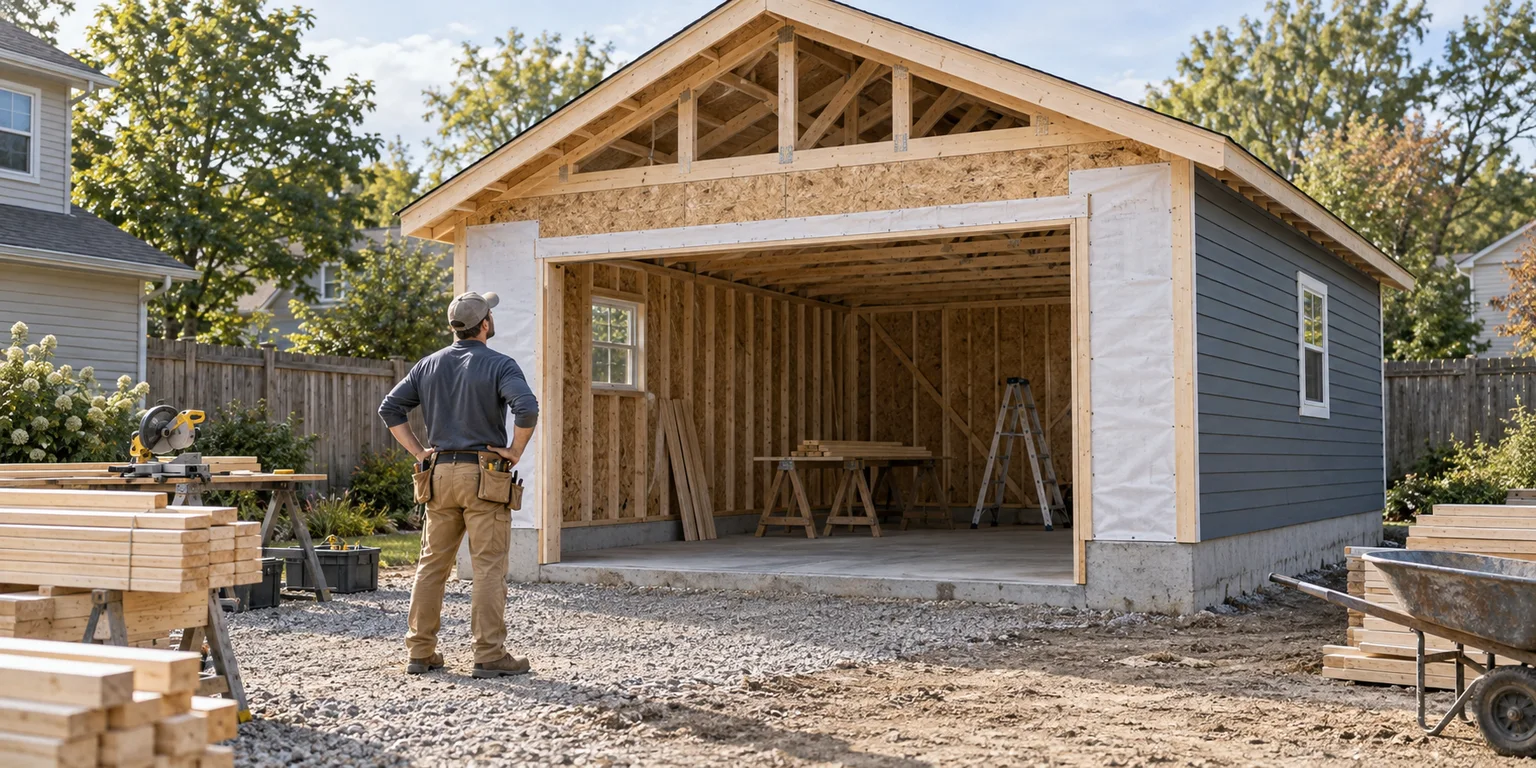Illustration of a carpenter reviewing a detached garage under construction with lumber and tools nearby.