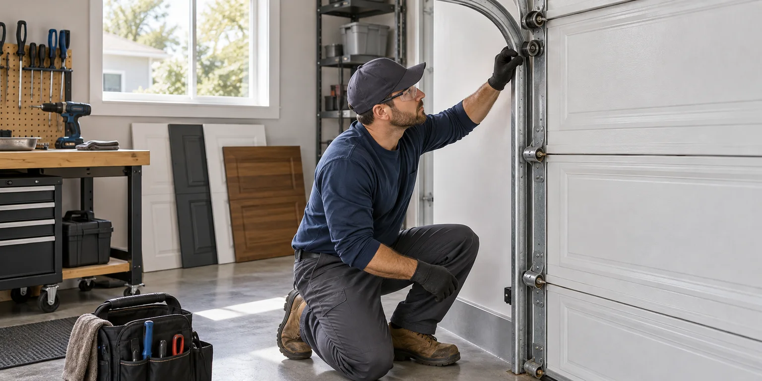 Illustration of a garage door technician checking a roller and track beside an overhead door.