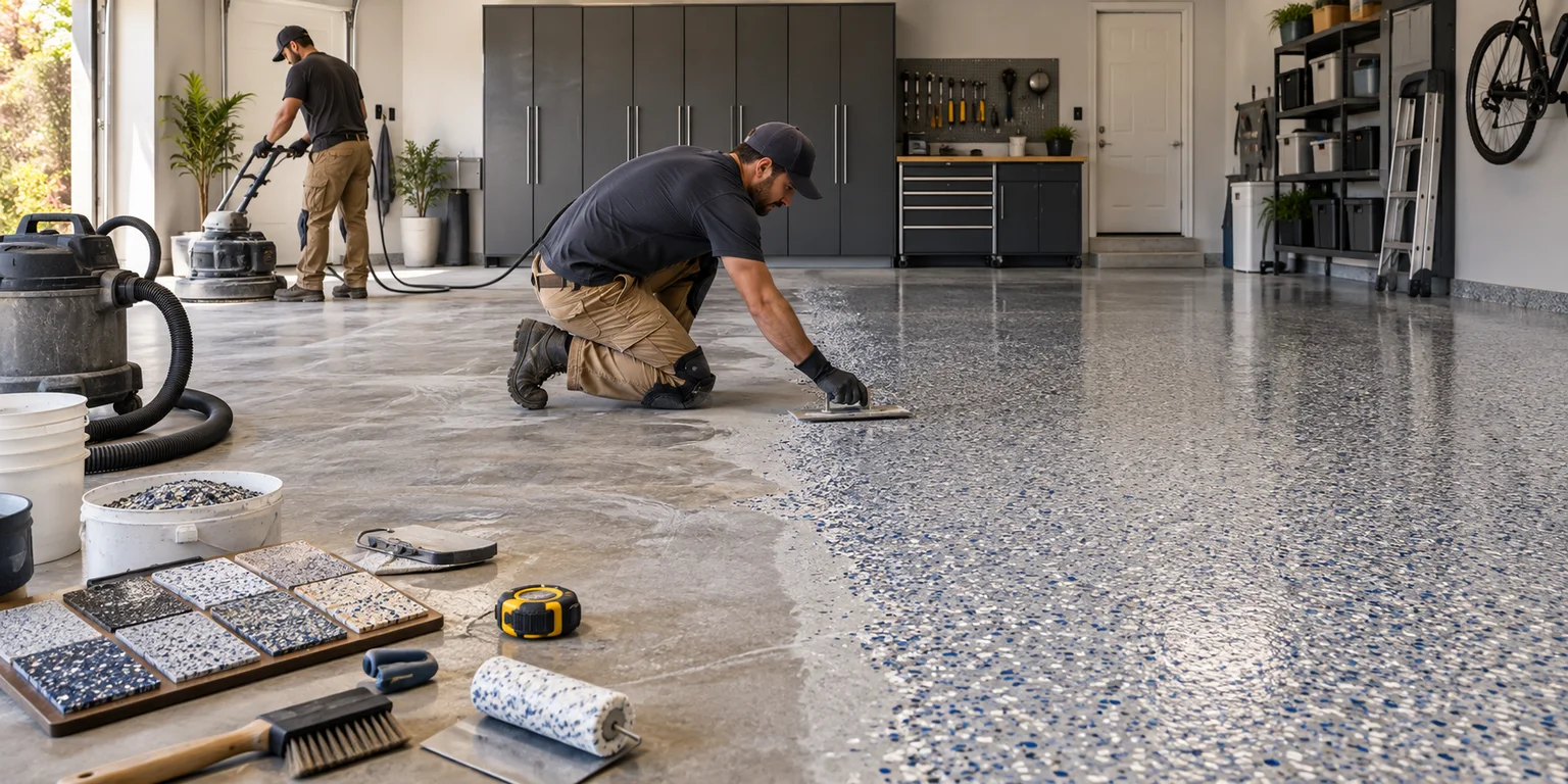 Illustration of a prepared garage floor, coating samples and project-measuring tools.