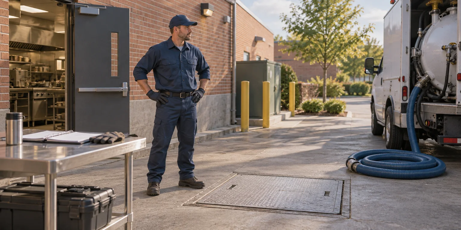 Illustration of a contractor beside a closed grease interceptor cover and a service truck with a coiled hose.