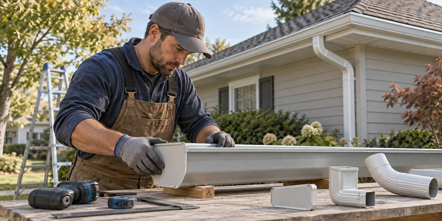 Illustration of an installer fitting a gutter endcap at a workbench beside downspout components.