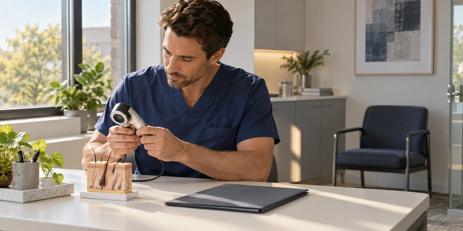 Illustration of a clinician reviewing a scalp magnification device beside a hair-follicle teaching model.