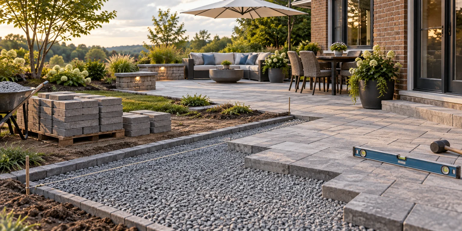 Illustration of a paver patio with stacked stones, gravel bedding, a string line and installation tools beside a house.