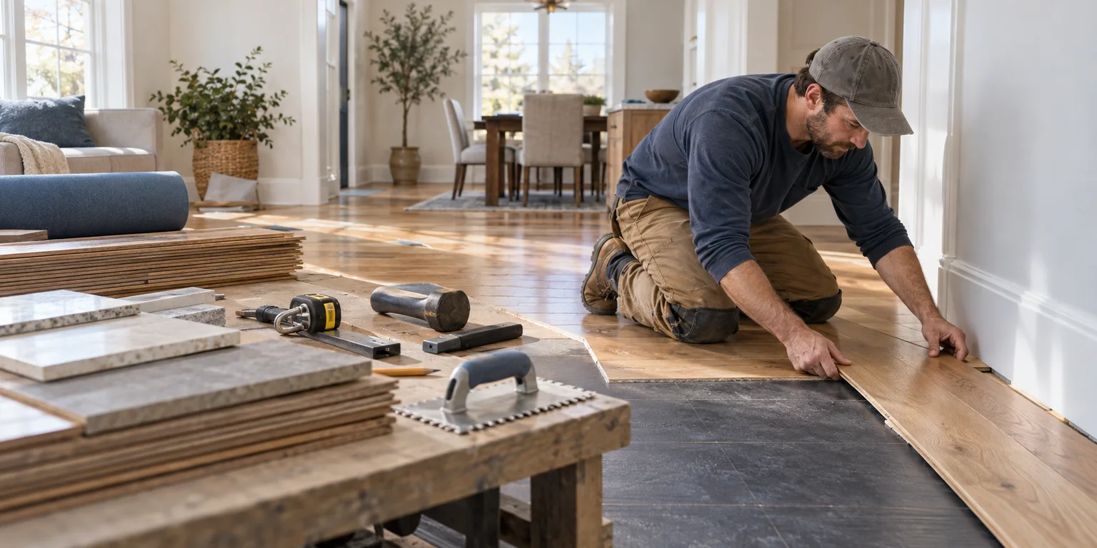 Illustration of a flooring installer fitting a hardwood plank beside material samples and preparation tools.