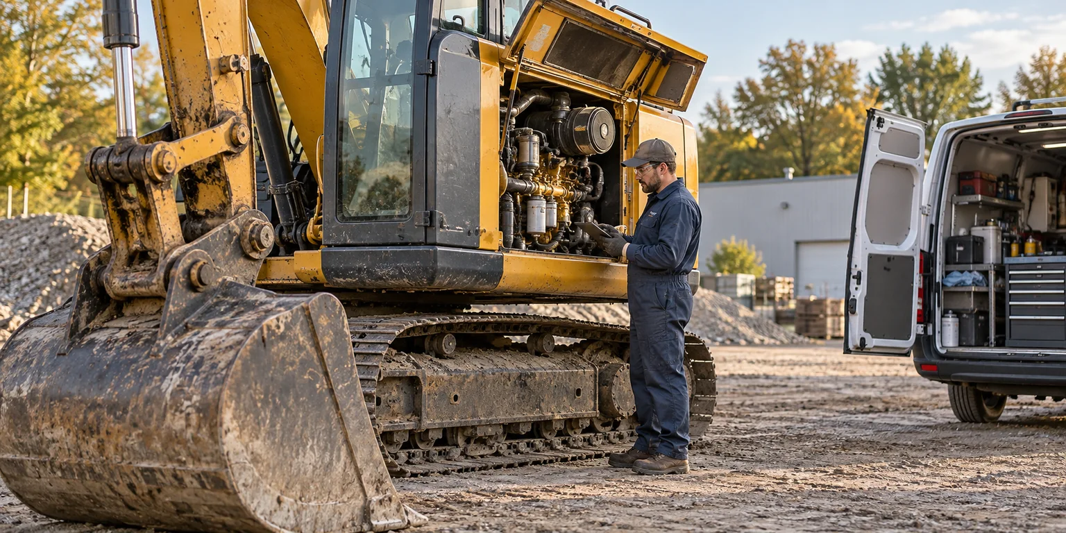 Illustration of a mobile repair technician beside an excavator’s open engine panel and a service van.