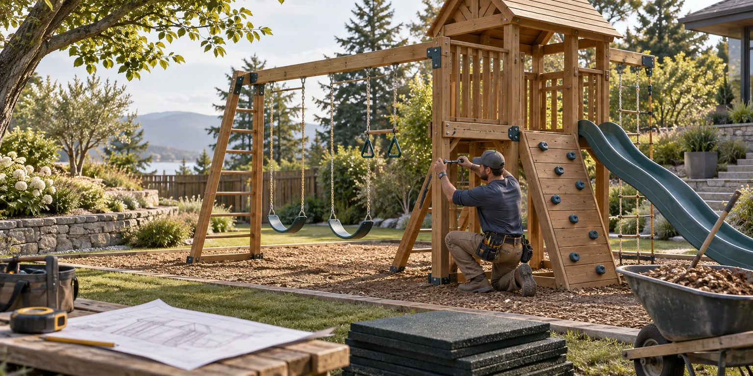 Illustration of a technician assembling a timber backyard play structure beside tools and safety-surface materials.