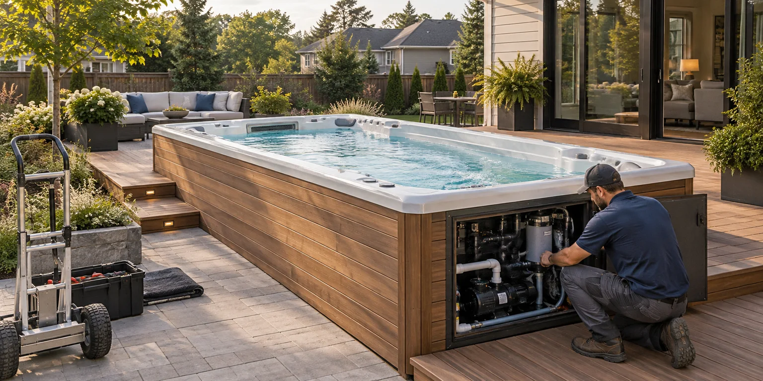 Illustration of a swim spa set into a backyard deck with a technician at its open equipment panel.