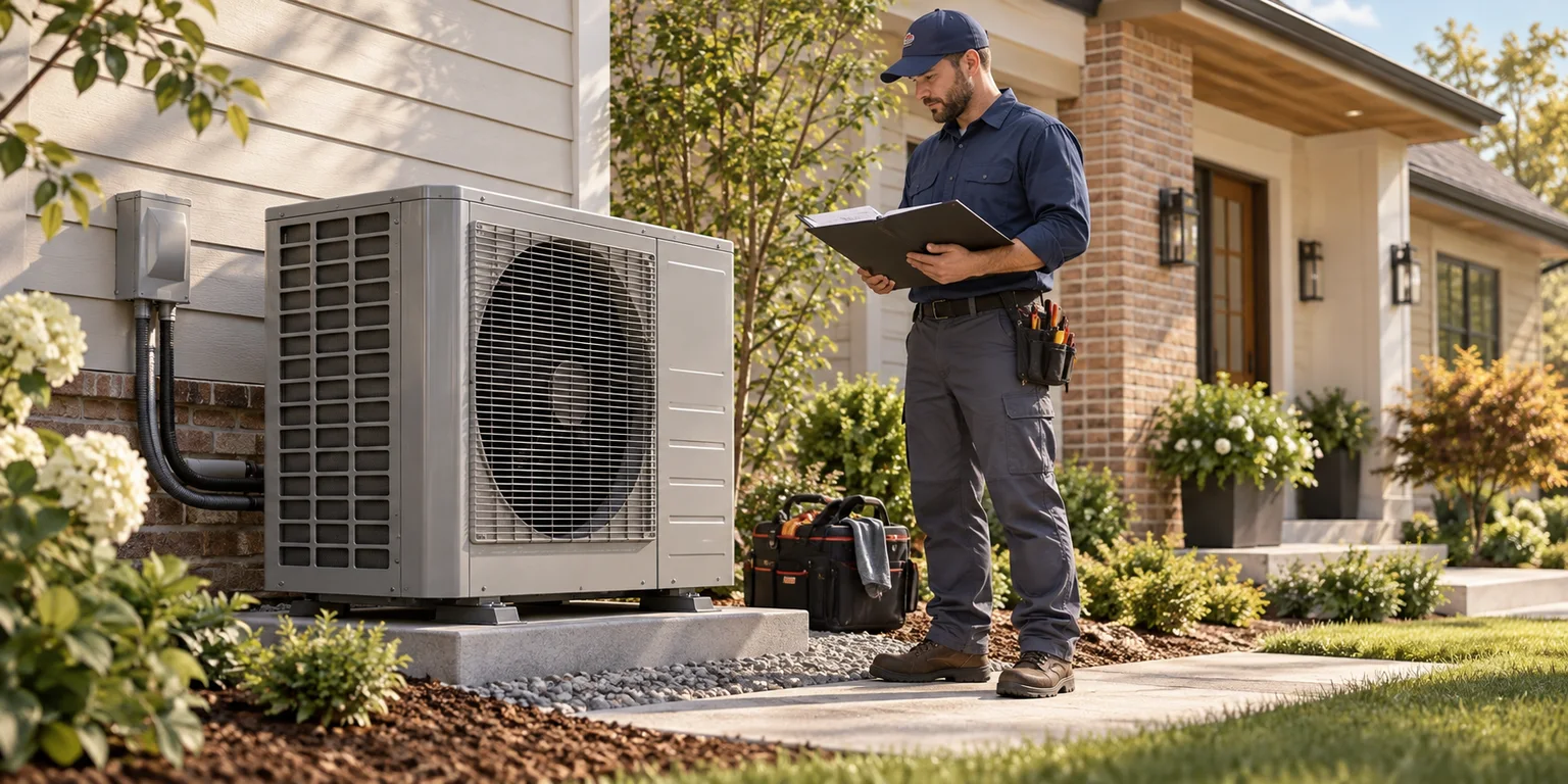 Illustration of HVAC service planning beside outdoor heating and cooling equipment.
