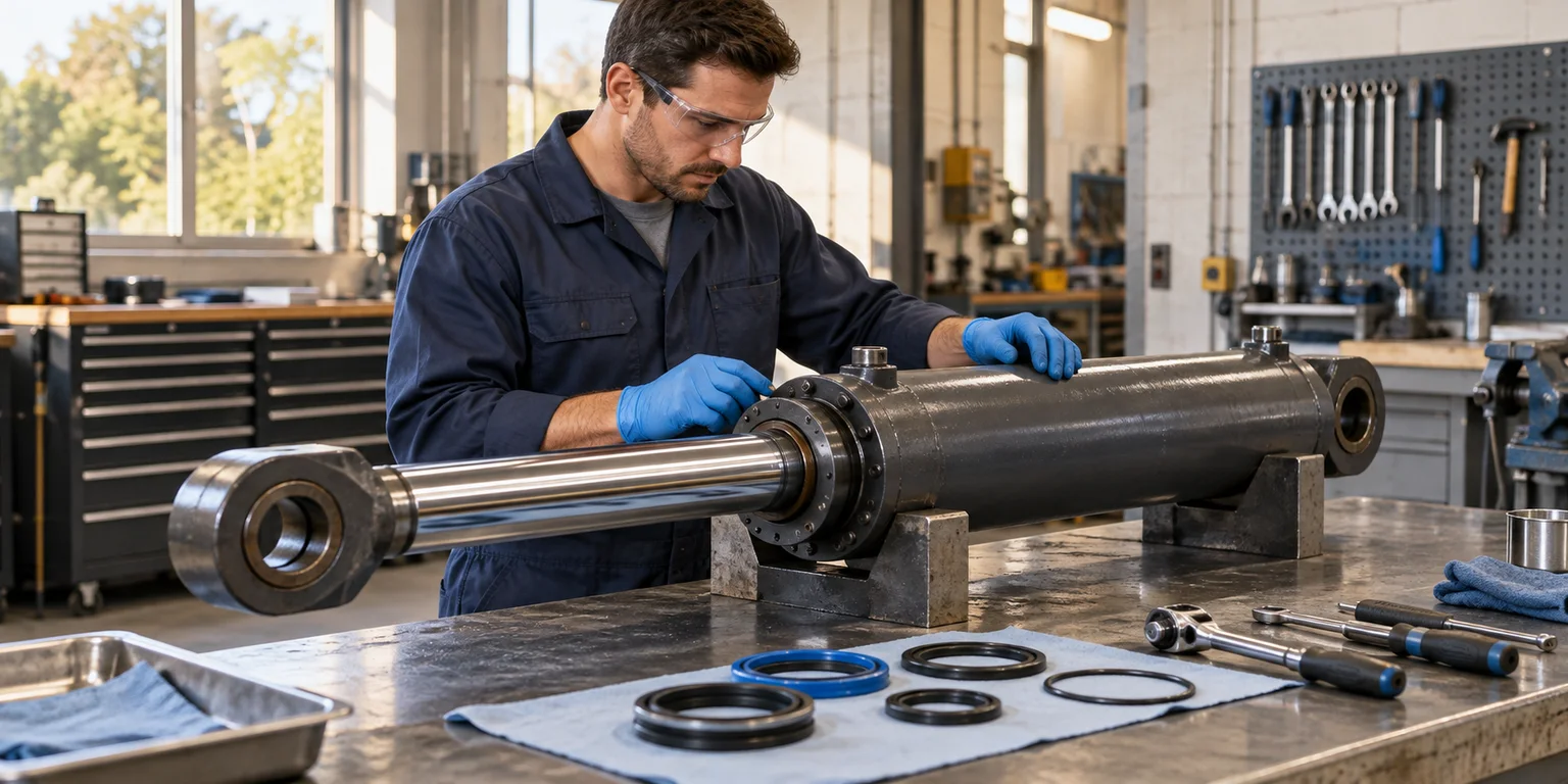 Illustration of a technician inspecting a hydraulic cylinder beside seal rings and hand tools on a repair bench.