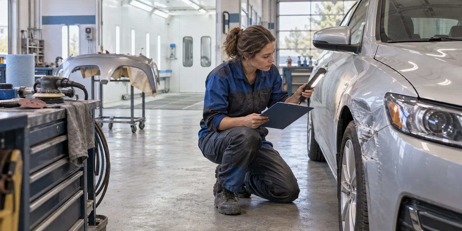 Illustration of a collision repair technician inspecting a damaged vehicle panel with a work light in a body shop.