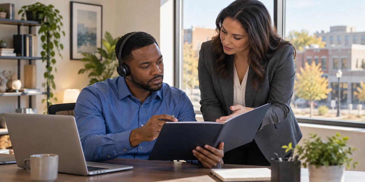Illustration of two recruiting professionals reviewing a folder beside a laptop, with one wearing a headset.