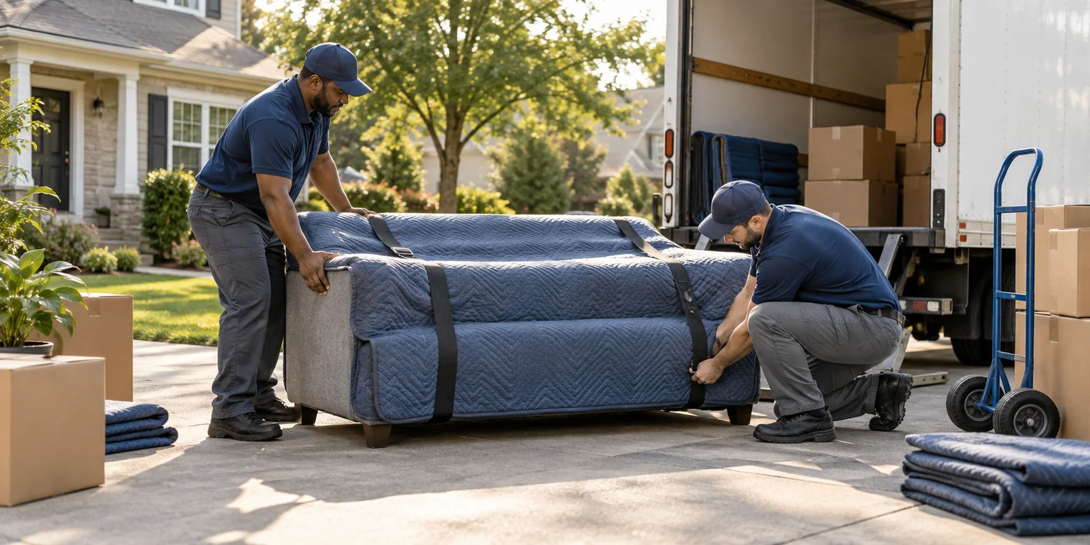 Illustration of two movers securing a padded sofa beside a moving truck, boxes and a hand truck.