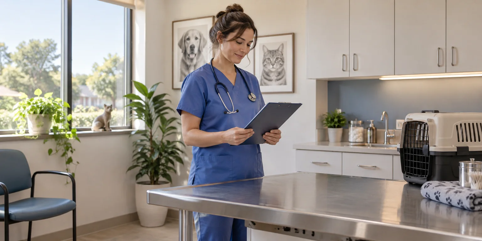 Illustration of a veterinarian reviewing a folder beside an empty examination table and pet carrier.