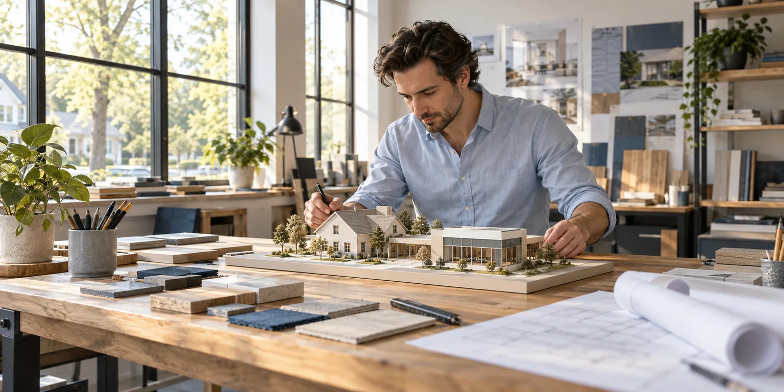 Illustration of an architect reviewing house and commercial building models beside material samples and rolled drawings.