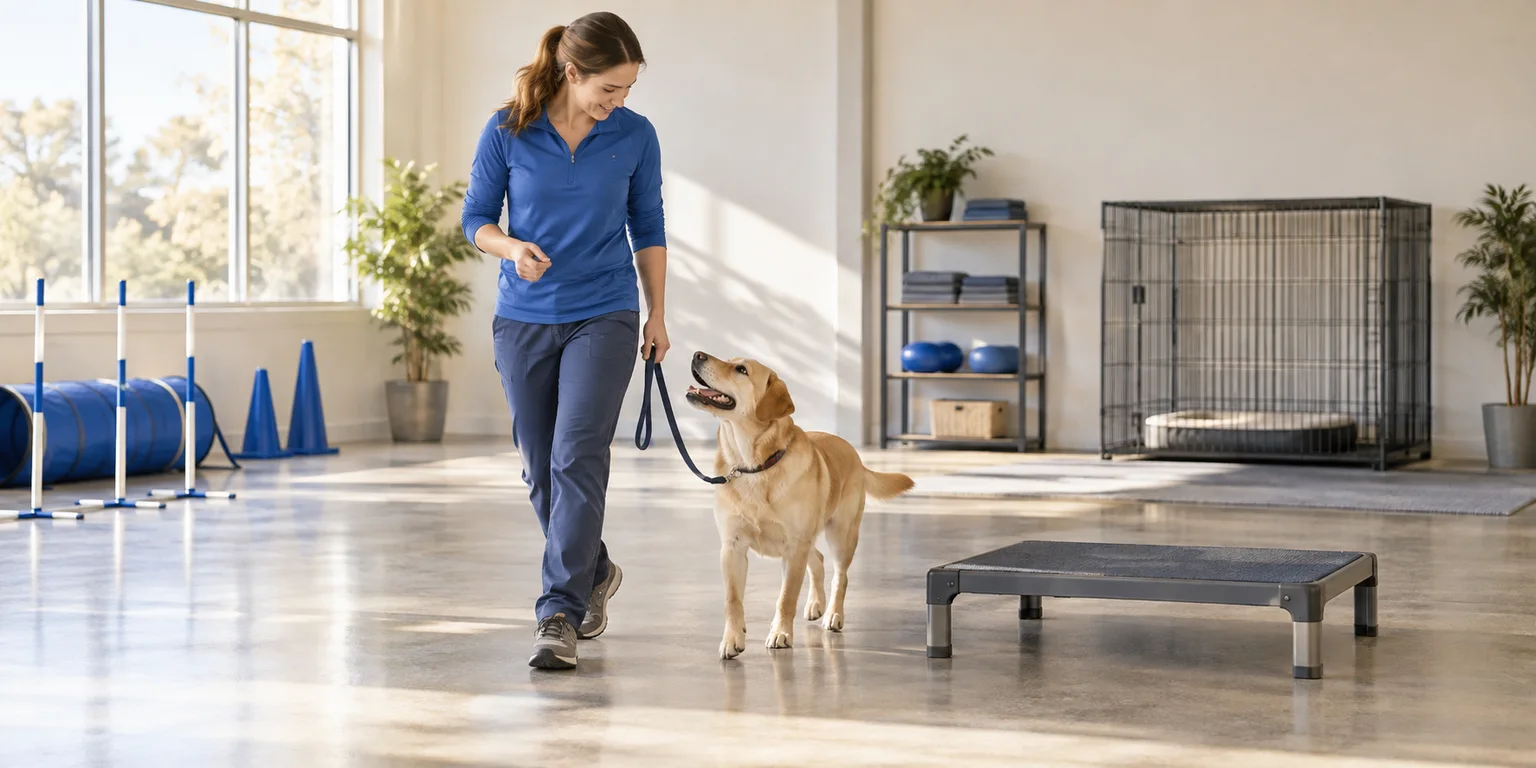 Illustration of a trainer guiding a dog on a loose leash beside a platform in an indoor training facility.