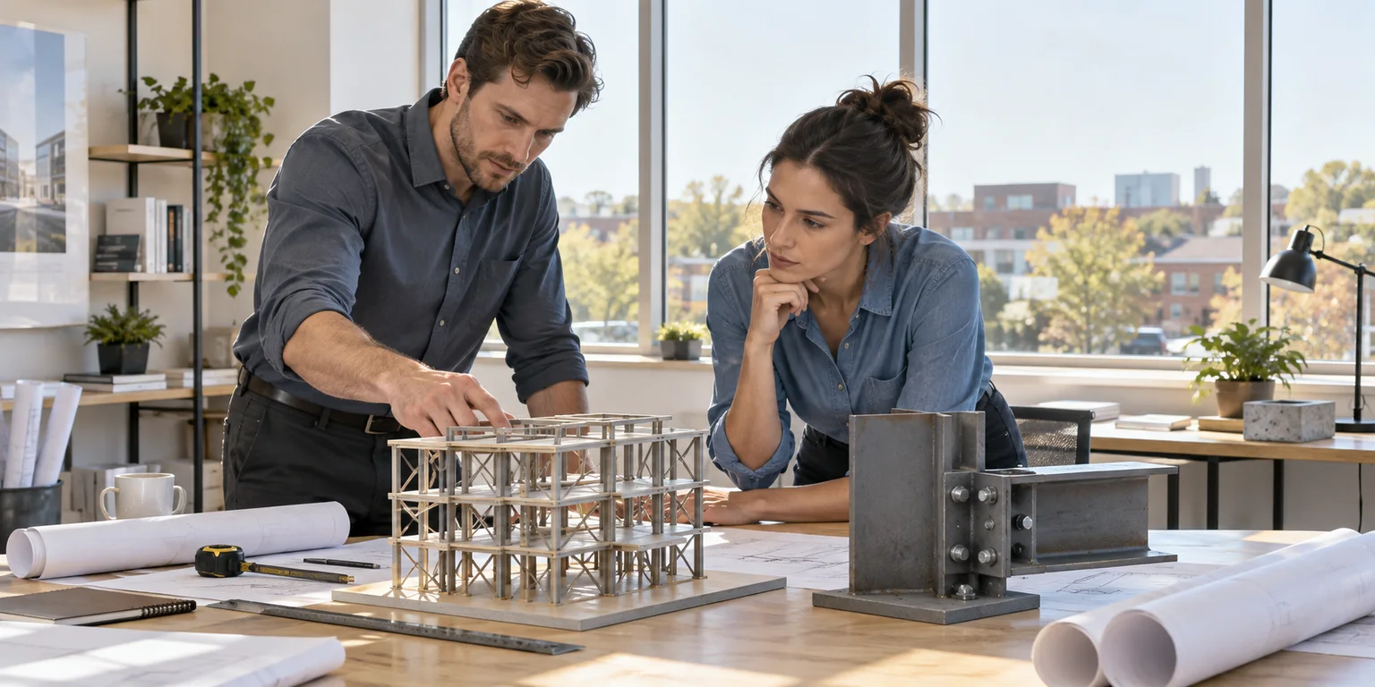 Illustration of two engineers reviewing a structural frame model and steel beam connection sample.