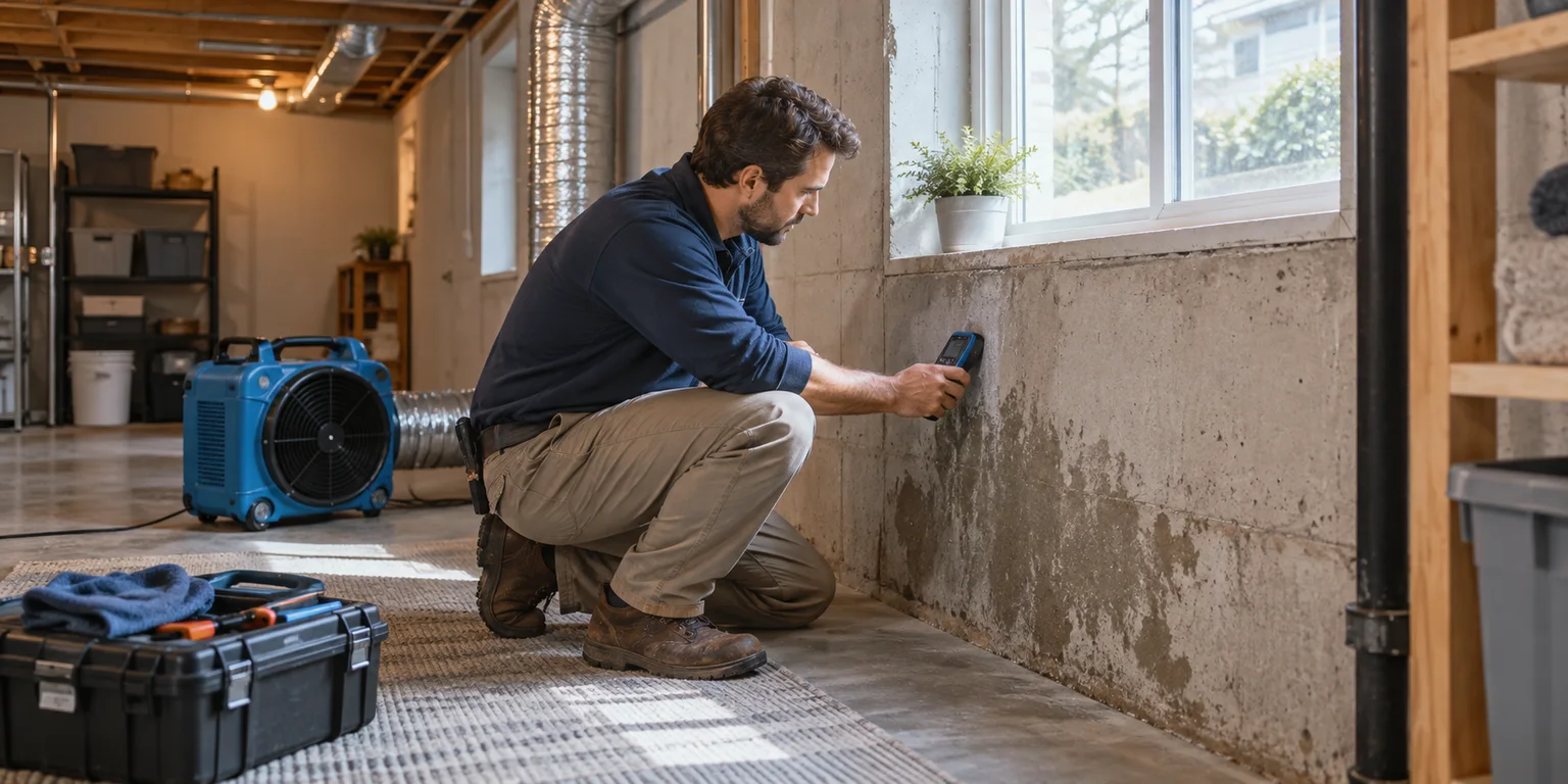 Illustration of a technician assessing a basement wall with a handheld inspection device and ventilation equipment.