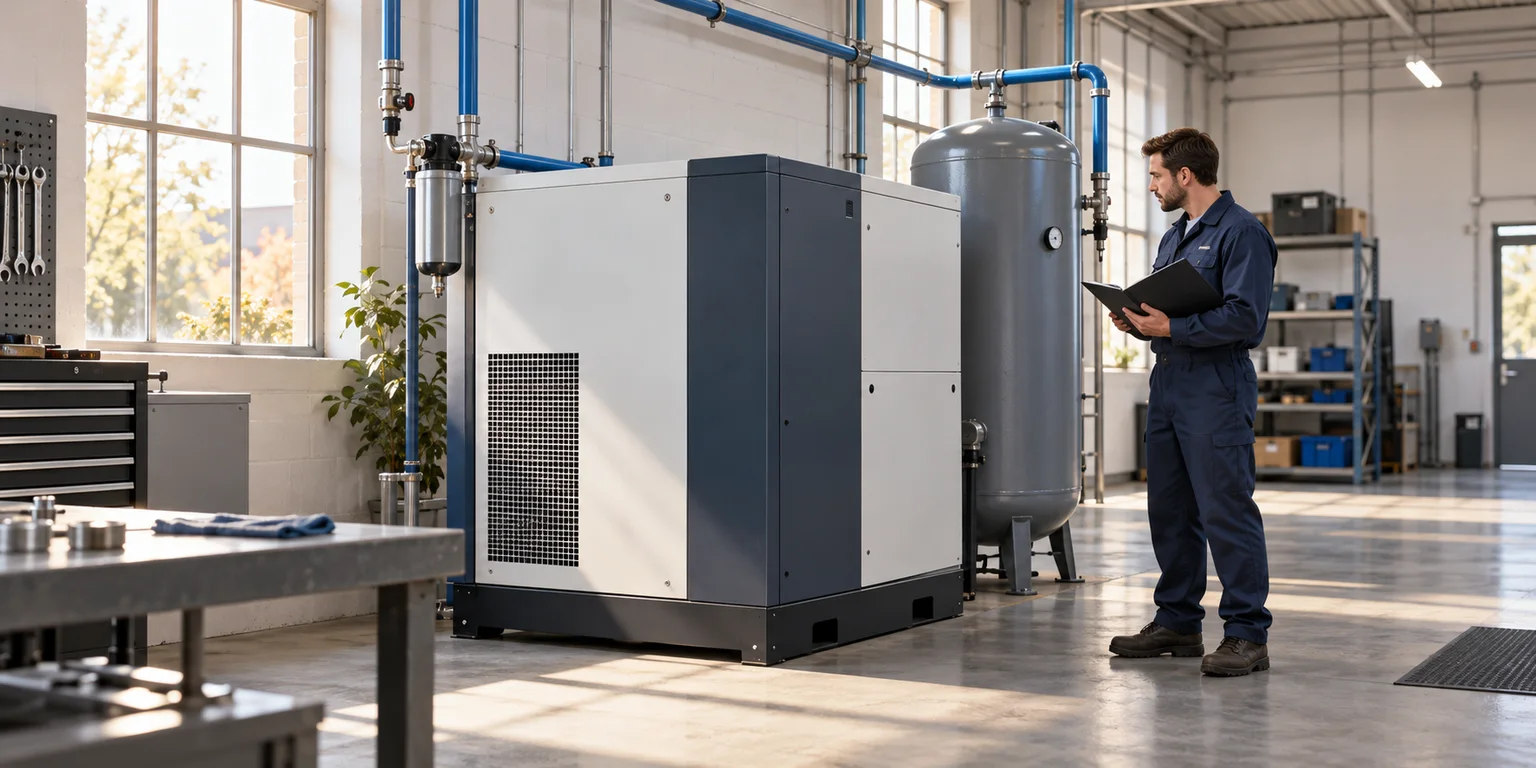 Illustration of a technician reviewing a large air compressor, receiver tank and overhead piping in an industrial workshop.