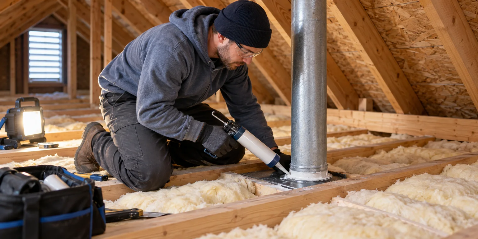 Illustration of a technician air-sealing an attic penetration beside insulation and roof framing.