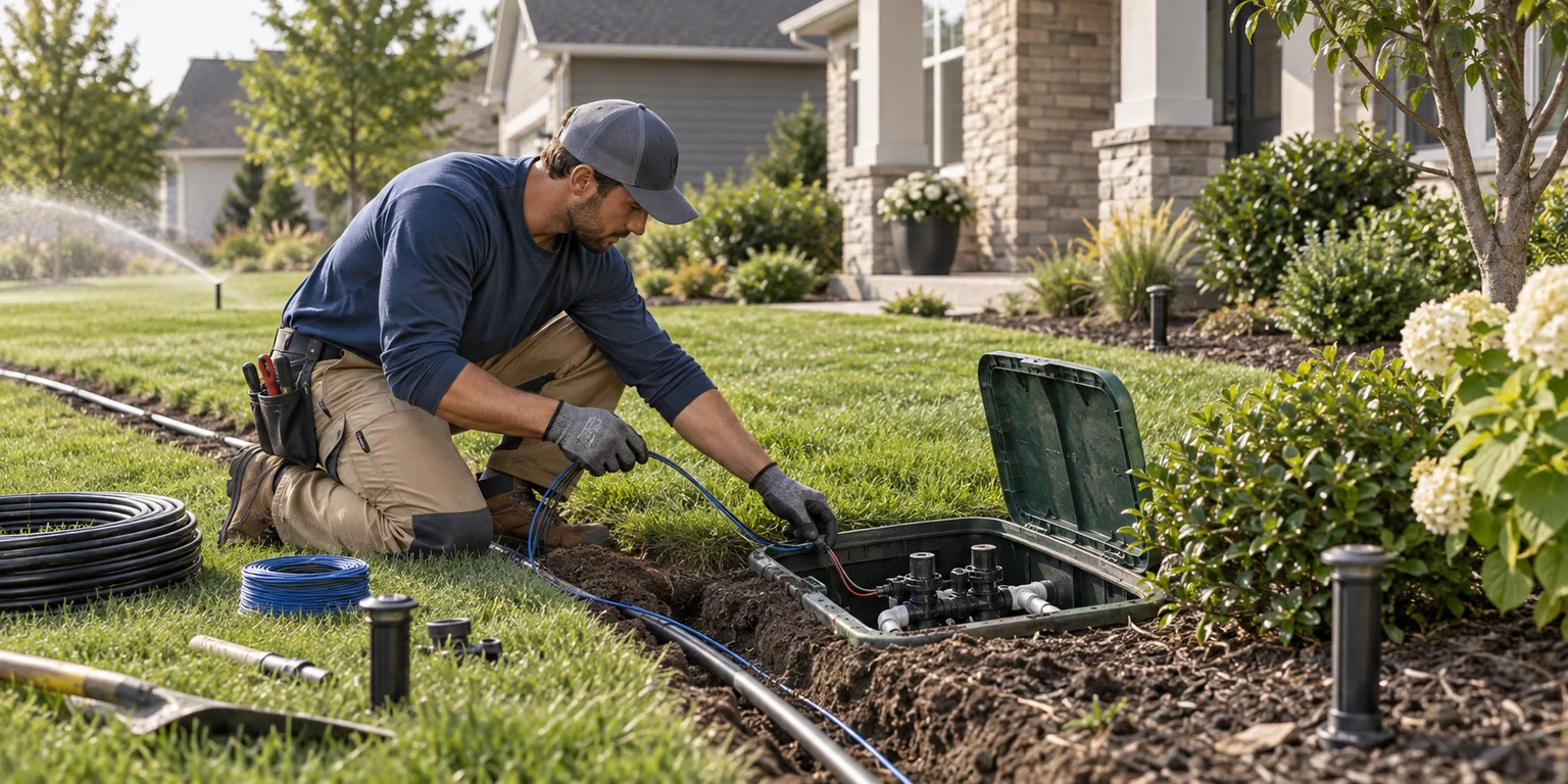 Illustration of a technician inspecting an irrigation valve box and lines in a residential lawn.