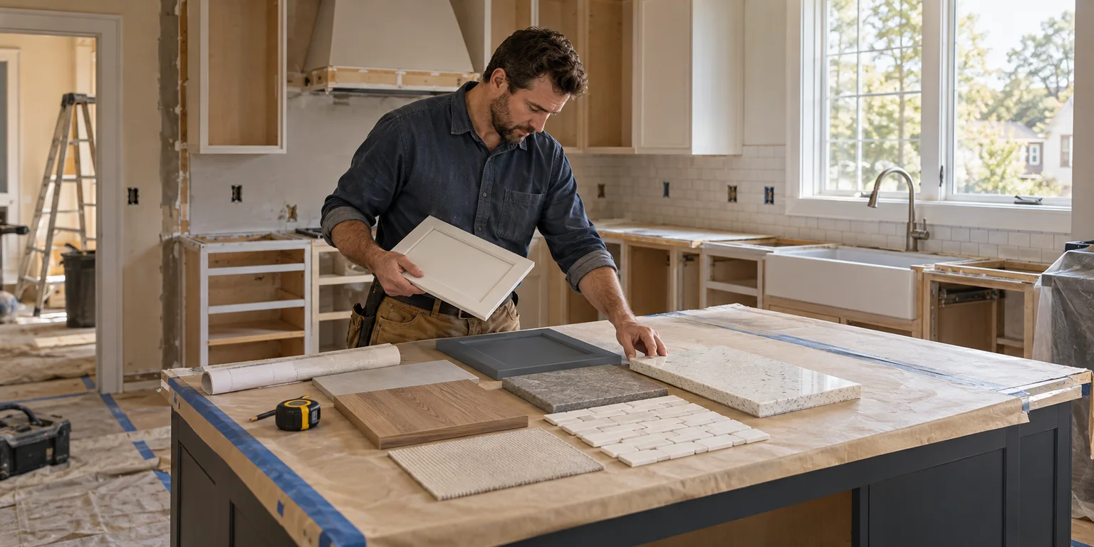Illustration of a remodeling contractor comparing cabinet, countertop and tile samples in a partly renovated kitchen.