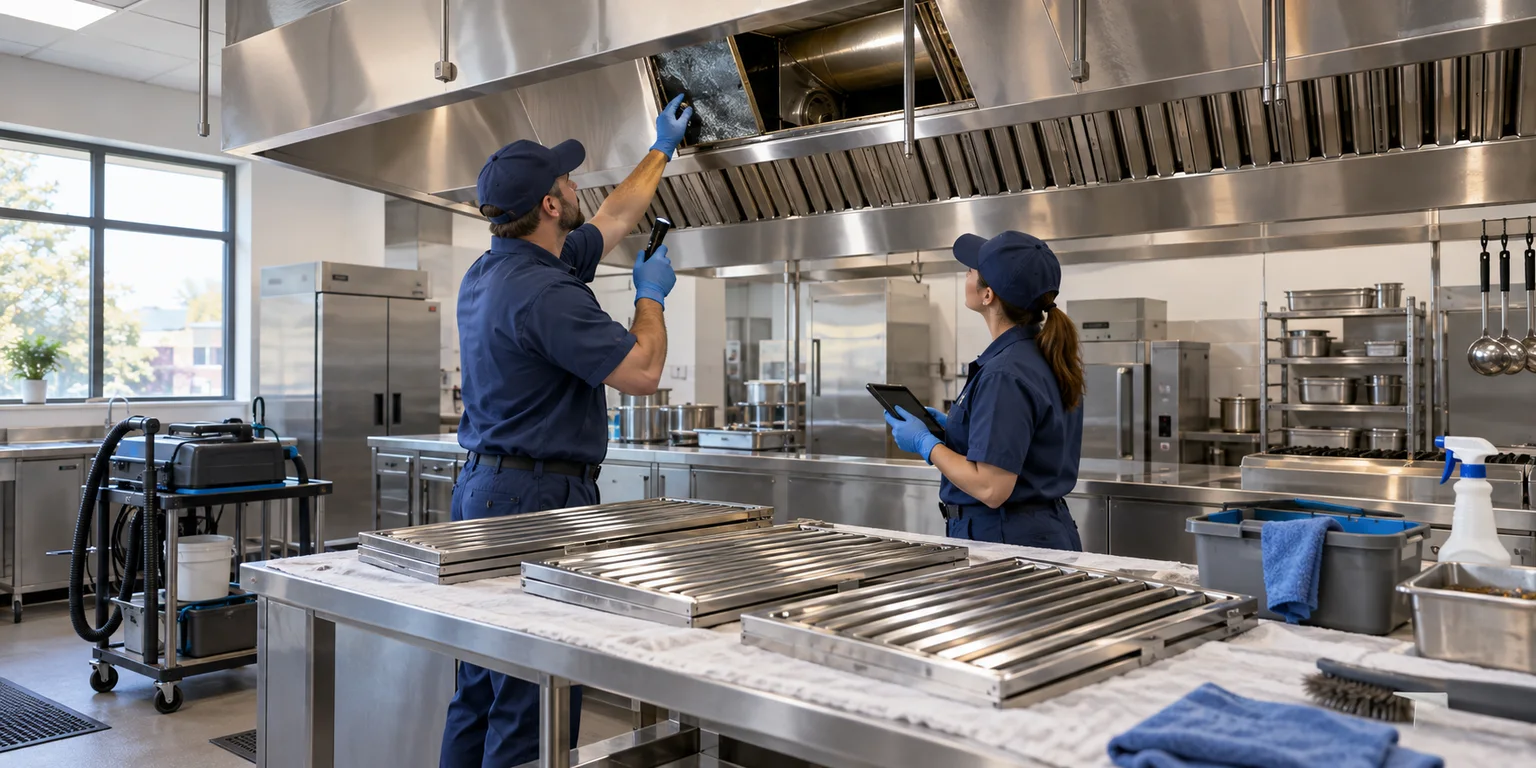 Illustration of two technicians inspecting a commercial kitchen exhaust hood with metal baffle filters laid on a worktable.