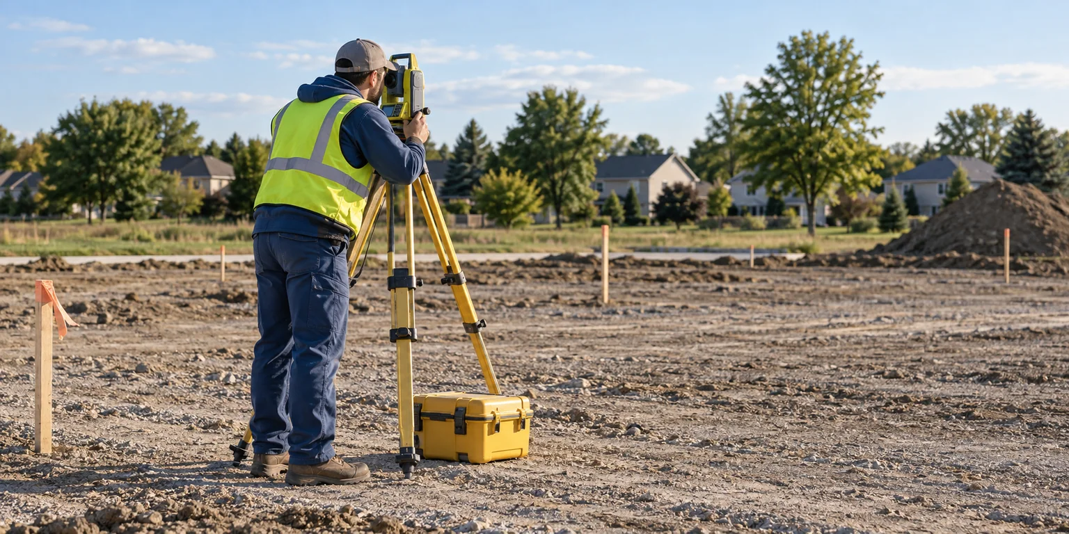 Illustration of a surveyor using a tripod-mounted instrument on an open building lot.