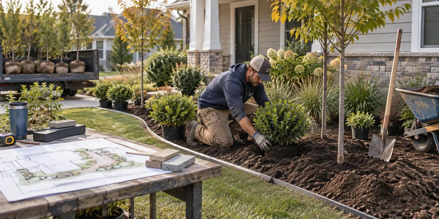 Illustration of a contractor planting shrubs beside a house, with trees, landscaping materials and a layout drawing.
