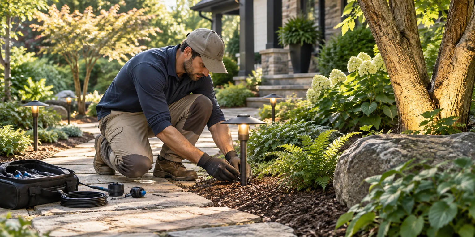 Illustration of a technician installing a path light beside a planted garden and stone walkway.