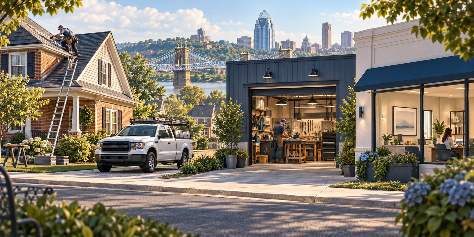 Illustration of home-service work, a neighborhood workshop and a professional office with a Cincinnati-inspired river skyline.