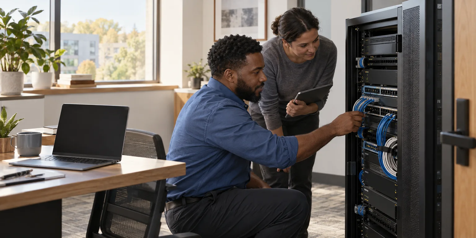 Illustration of two IT specialists inspecting a network rack beside a laptop with a dark screen.
