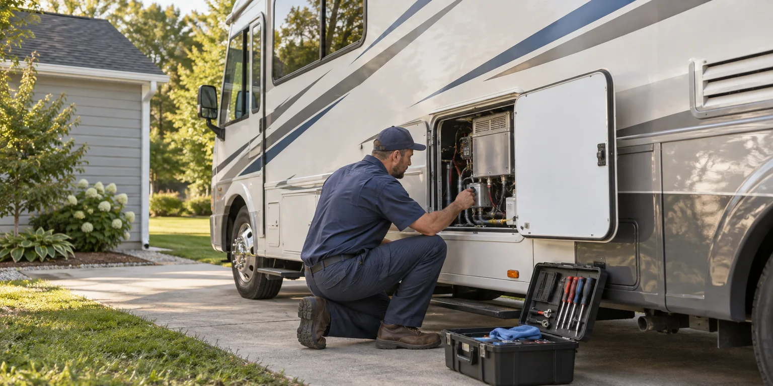 Illustration of a mobile RV technician checking an exterior service compartment beside a tool case.