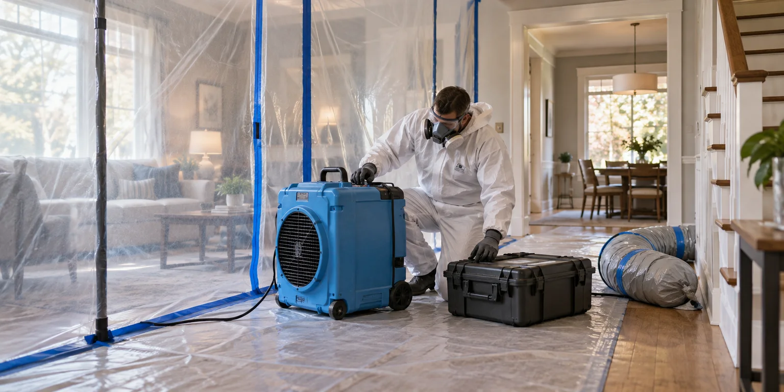 Illustration of a remediation worker preparing an air scrubber and equipment case beside containment sheeting.