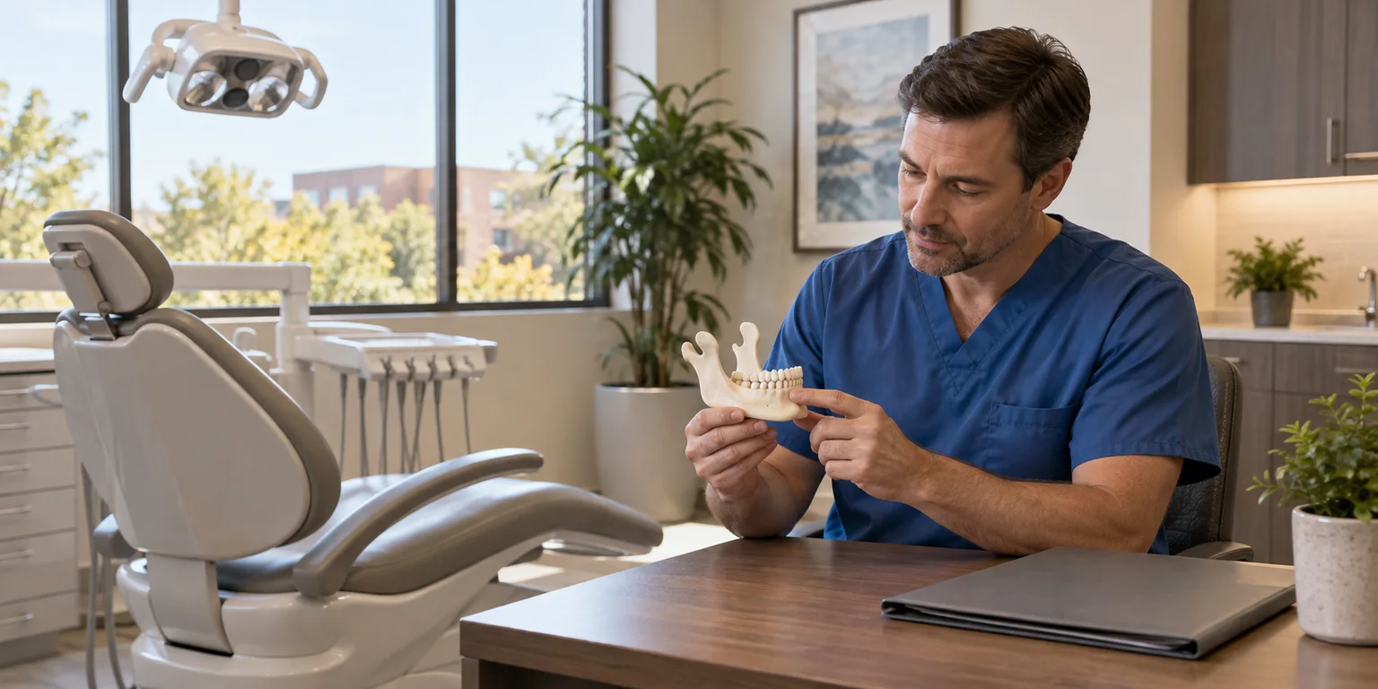 Illustration of a clinician reviewing a jaw model beside an empty dental treatment chair.