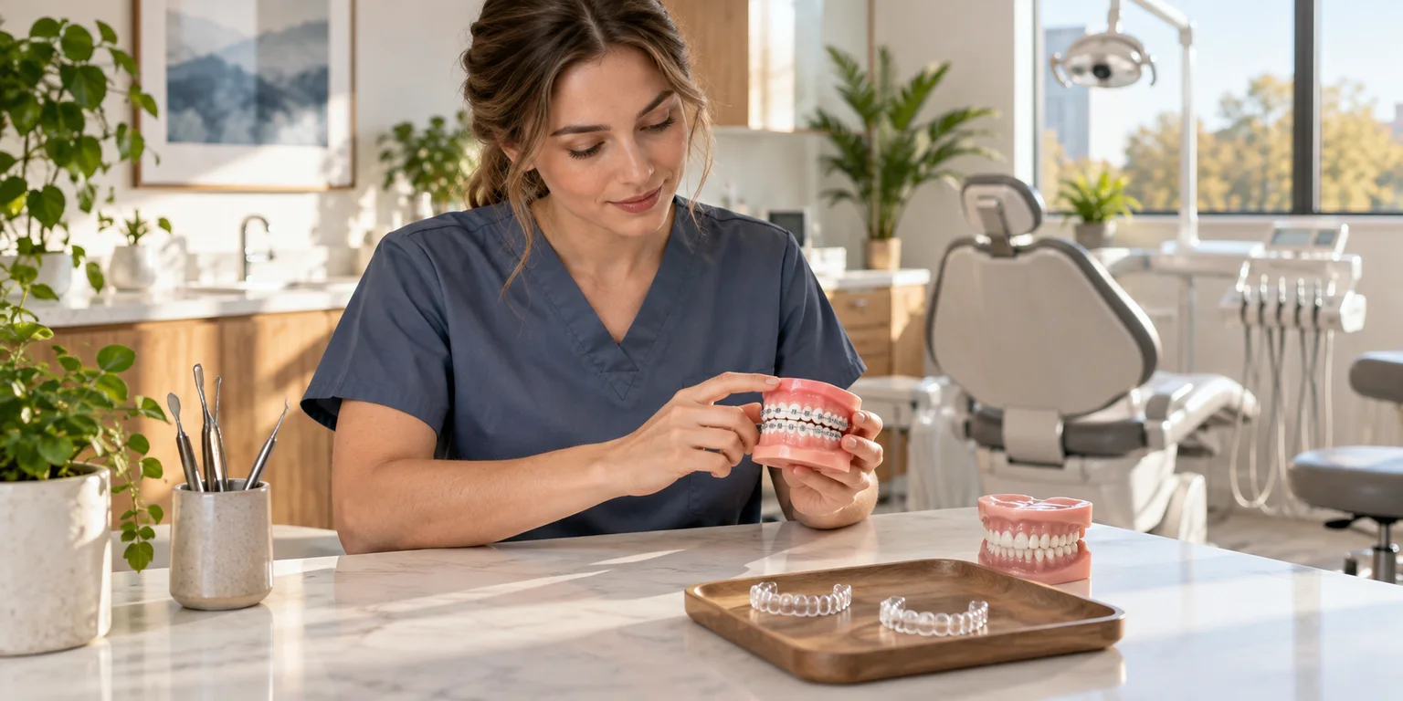 Illustration of an orthodontic provider reviewing a braces model beside clear aligner trays in a consultation room.