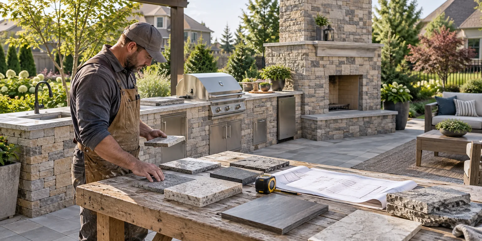 Illustration of a contractor comparing stone samples beside an outdoor kitchen and masonry fireplace.