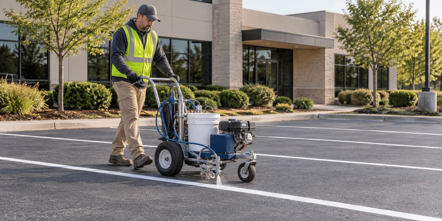Illustration of a worker guiding a line-striping machine along white parking lines.