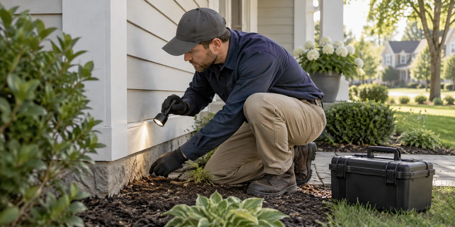 Illustration of a pest-control technician inspecting a home’s exterior trim with a flashlight.