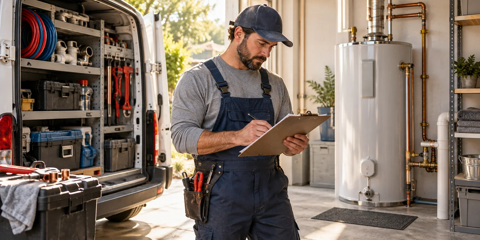 Illustration of plumbing work planning with service tools, a water heater and an unbranded service vehicle.