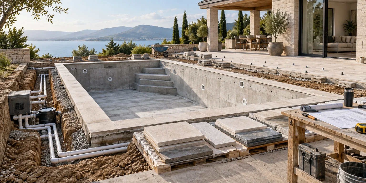 Illustration of an in-ground pool shell under construction with coping stones, plumbing and a builder’s worktable.