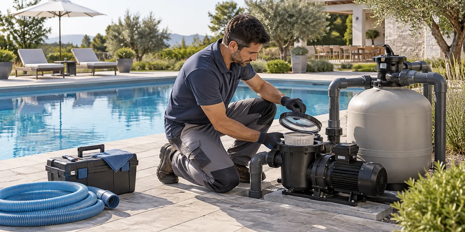 Illustration of a technician servicing a pool pump and filter beside a swimming pool.