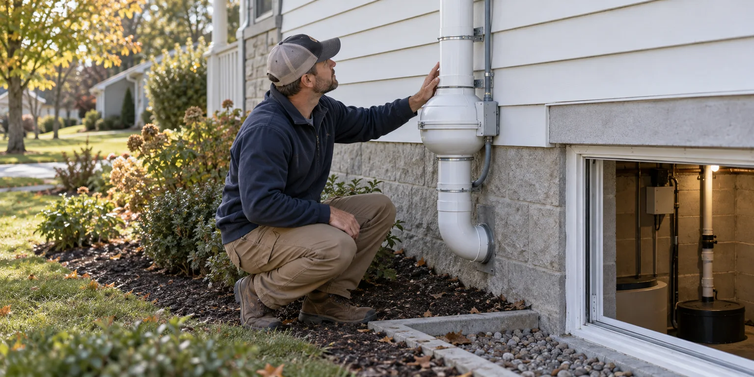 Illustration of an installer checking a white radon vent pipe and inline fan beside a house.