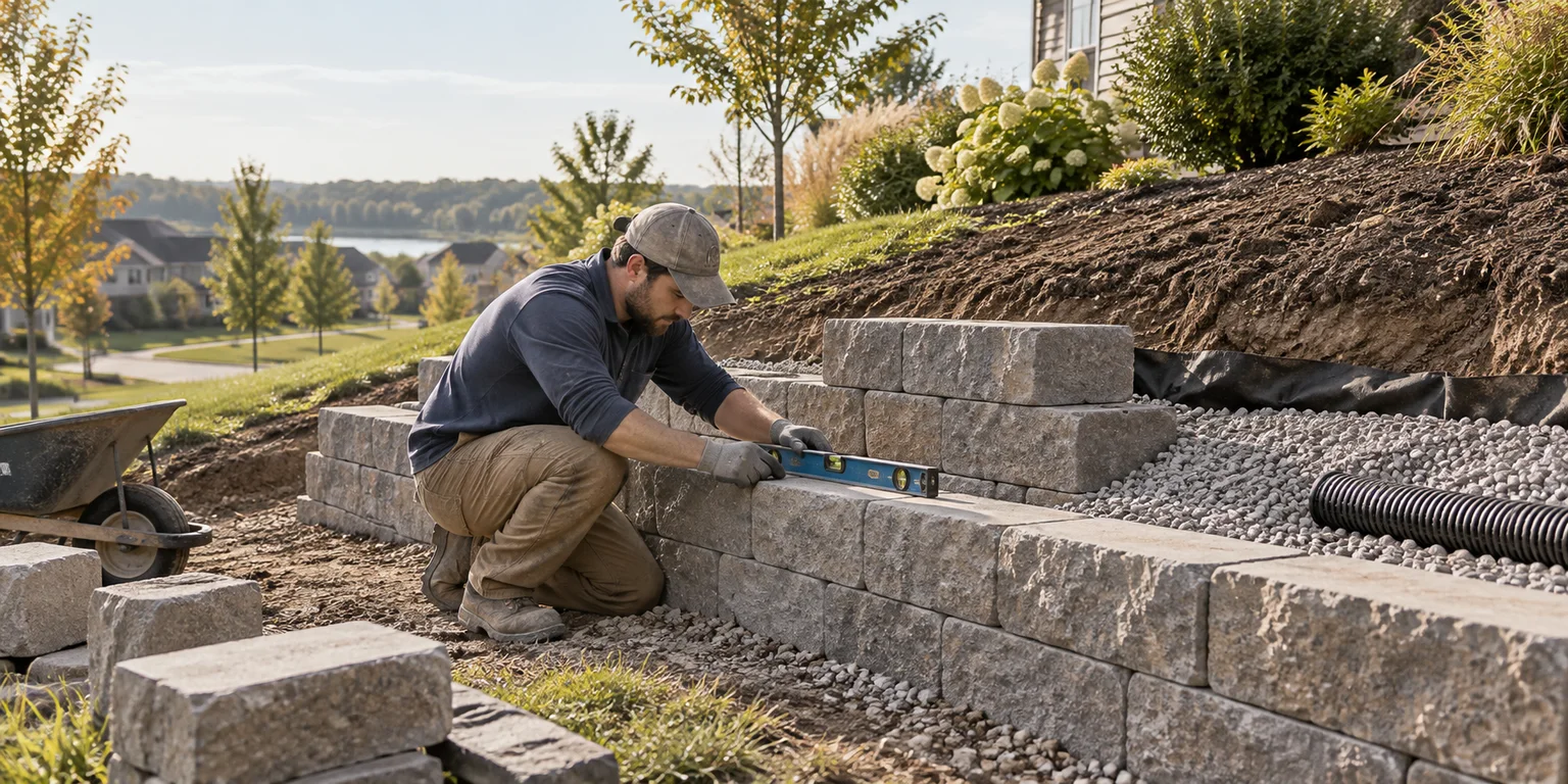 Illustration of a worker checking a retaining wall beside drainage gravel and pipe on a garden slope.