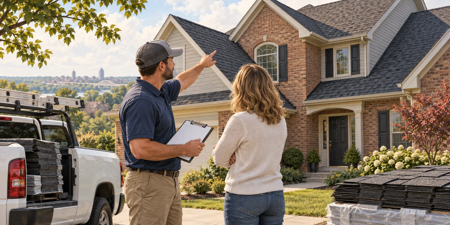 Illustration of a roofing contractor reviewing shingles and an estimate plan beside a pitched-roof home.