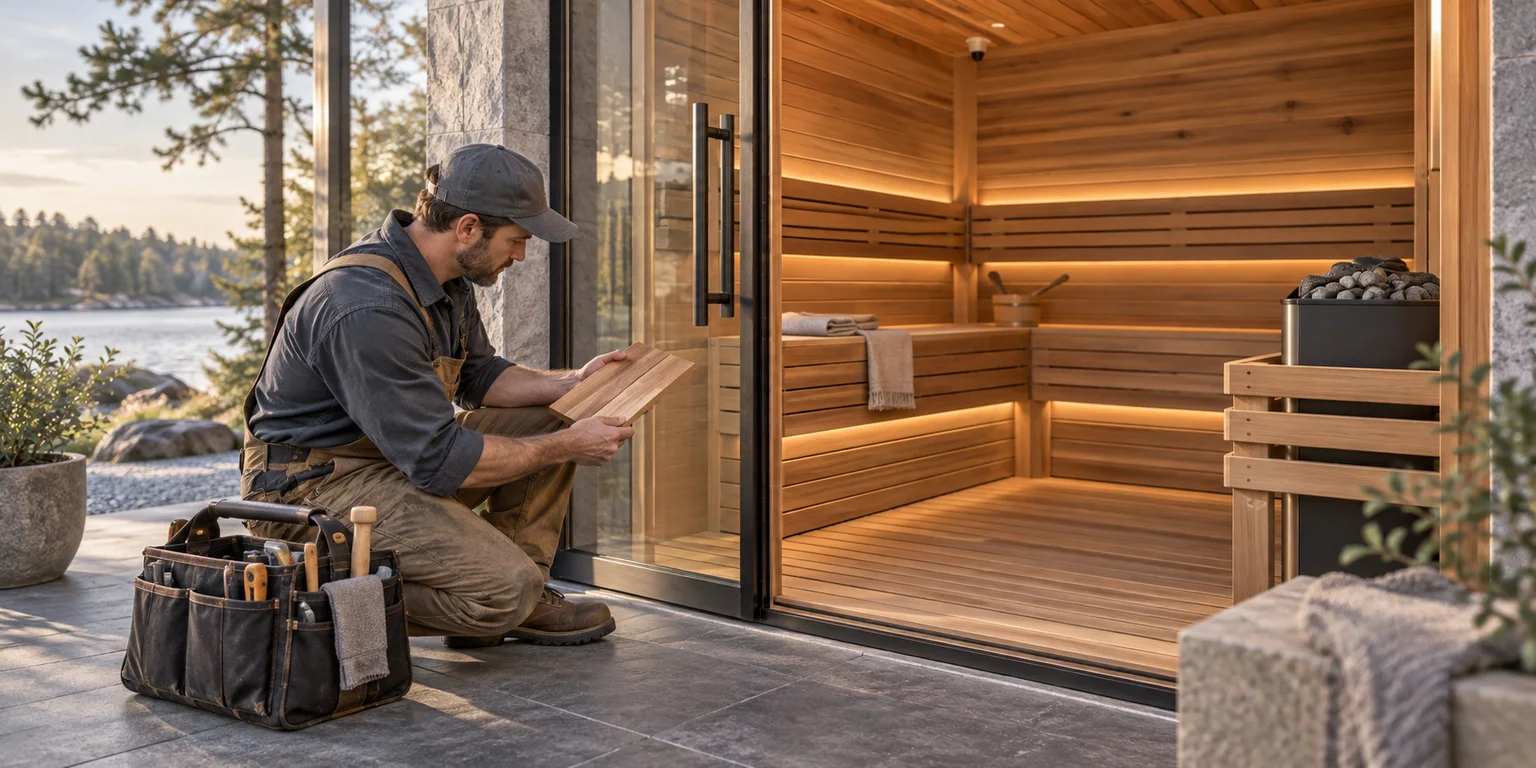 Illustration of a cedar sauna with a heater and benches while a craftsperson reviews a wood sample outside the open door.
