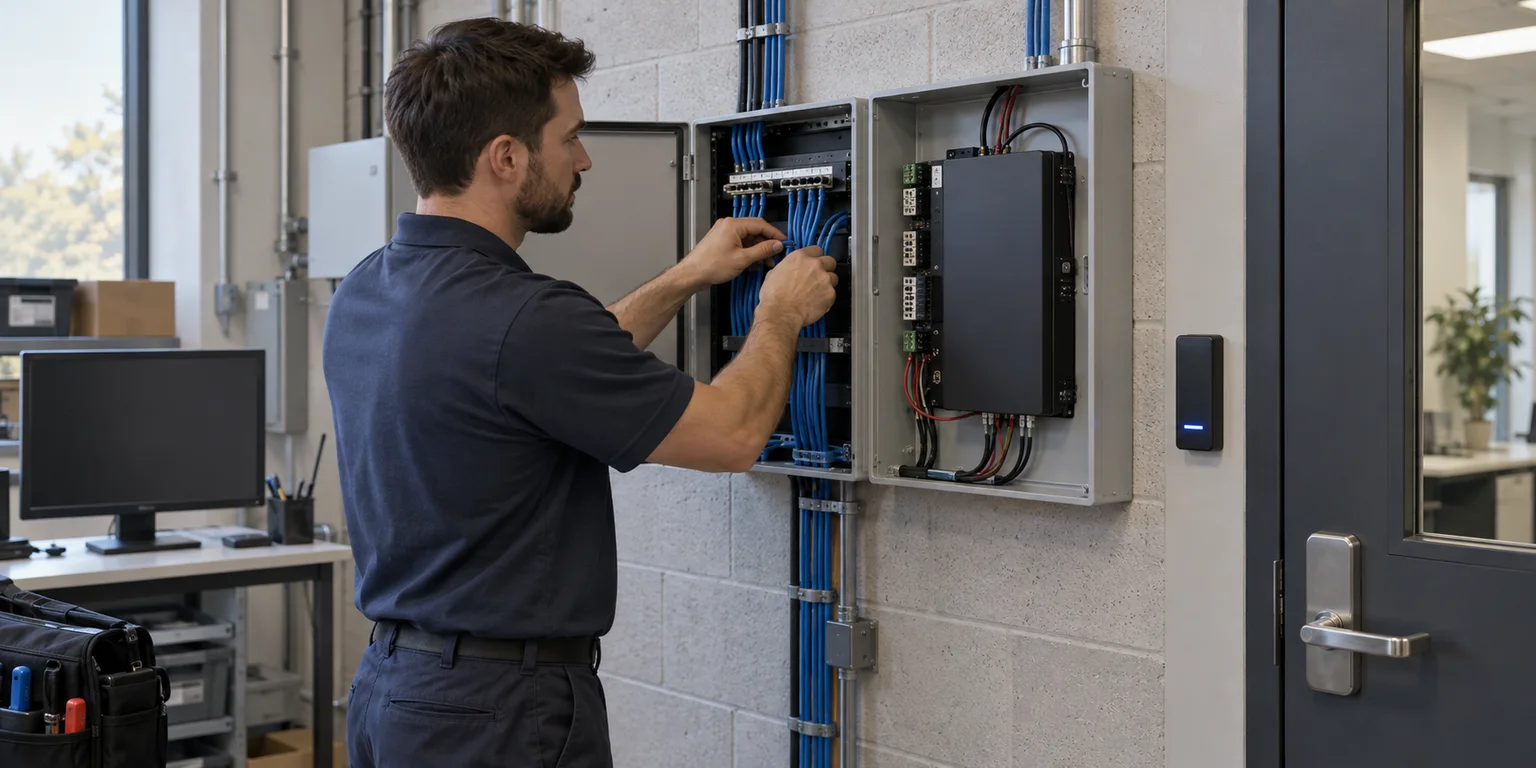 Illustration of a technician organizing structured cabling and access-control equipment beside a door reader.