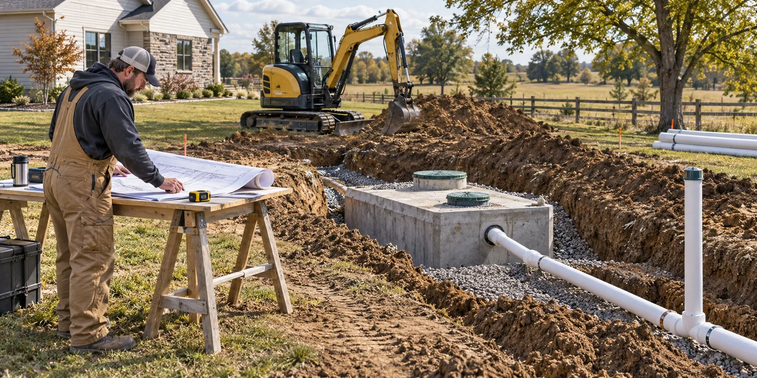 Illustration of a septic installation site with a concrete tank, pipe, excavator and contractor reviewing a plan.