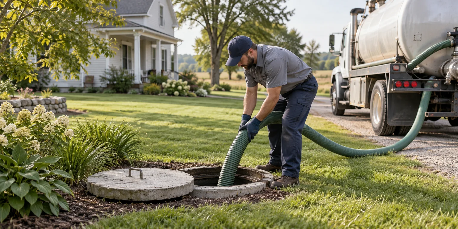 Illustration of a septic technician positioning a hose at a tank access lid beside an unmarked service truck.